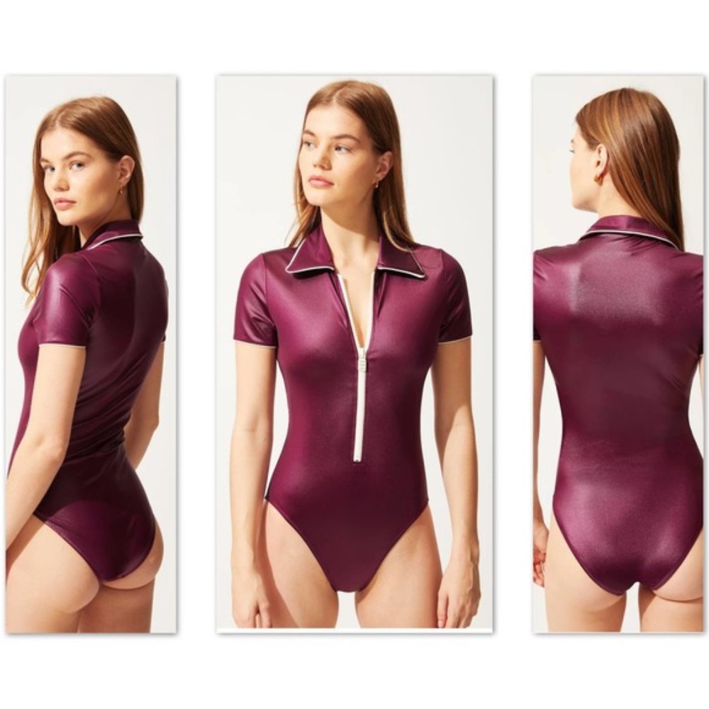 NWT SOLID & SRIPED MAYA POLO RASH SWIMSUIT M - Picture 2 of 2